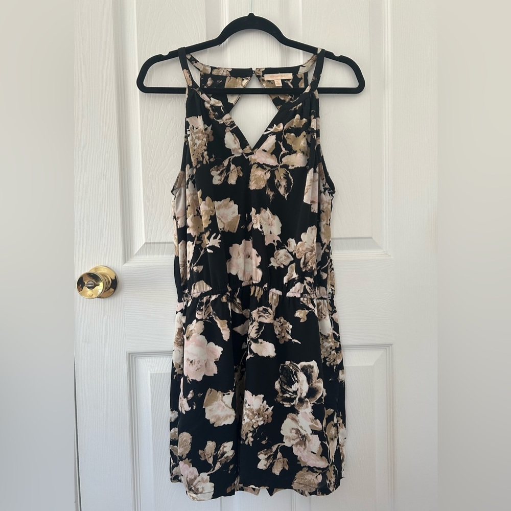 Sky’s are Blue Black Sleeveless Romper with Beige and Blush Floral Print